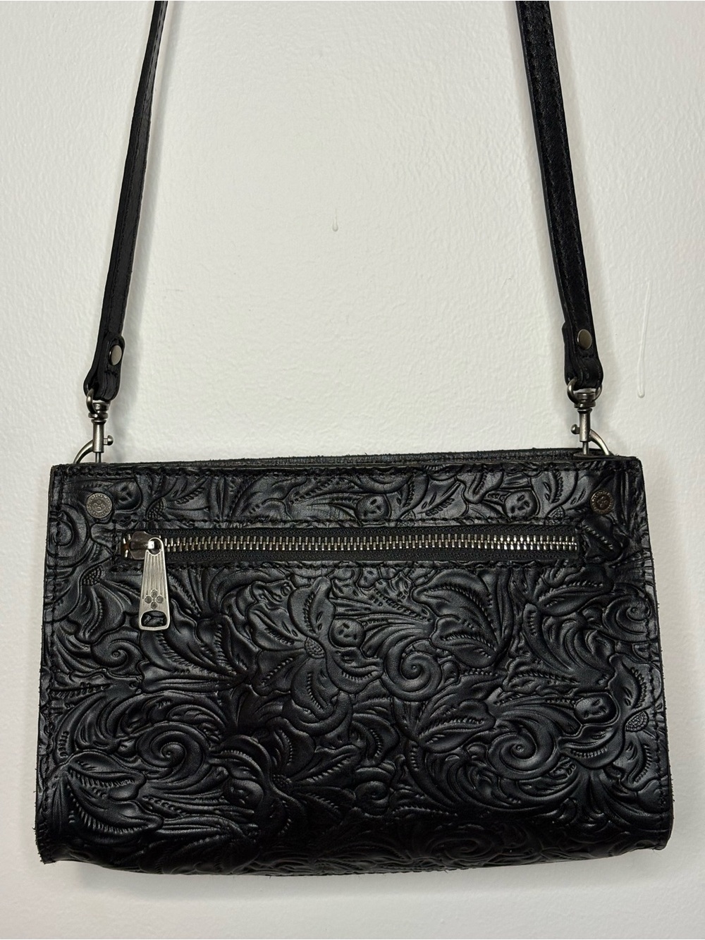 Patricia Nash Tooled Leather Crossbody Embossed Florals Black Western Small